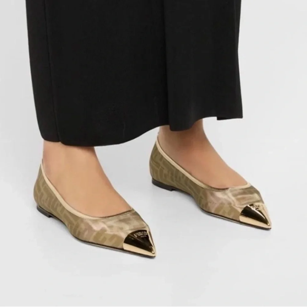 FENDI Colibri Ballerina FF Logo Mesh Pointed Cap Toe Ballet Flats Shoes